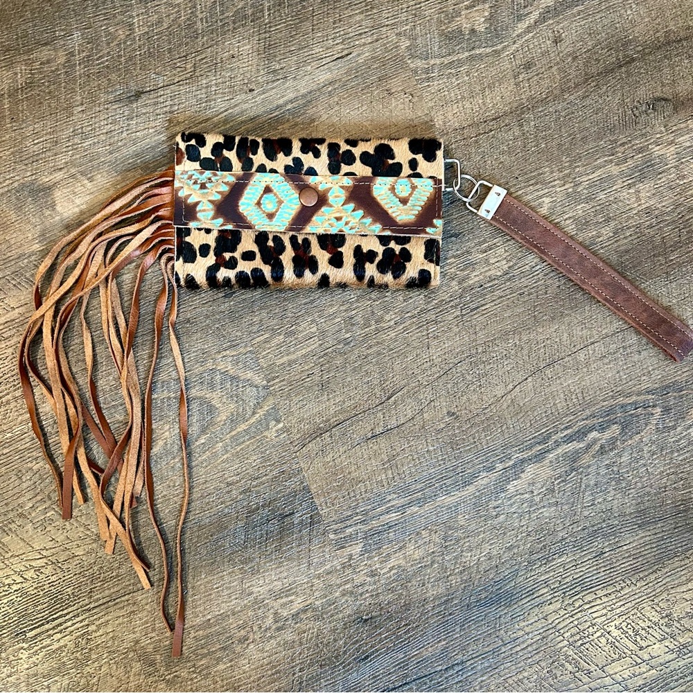 Leopard Hair On Tribal Print Fringe Wristlet